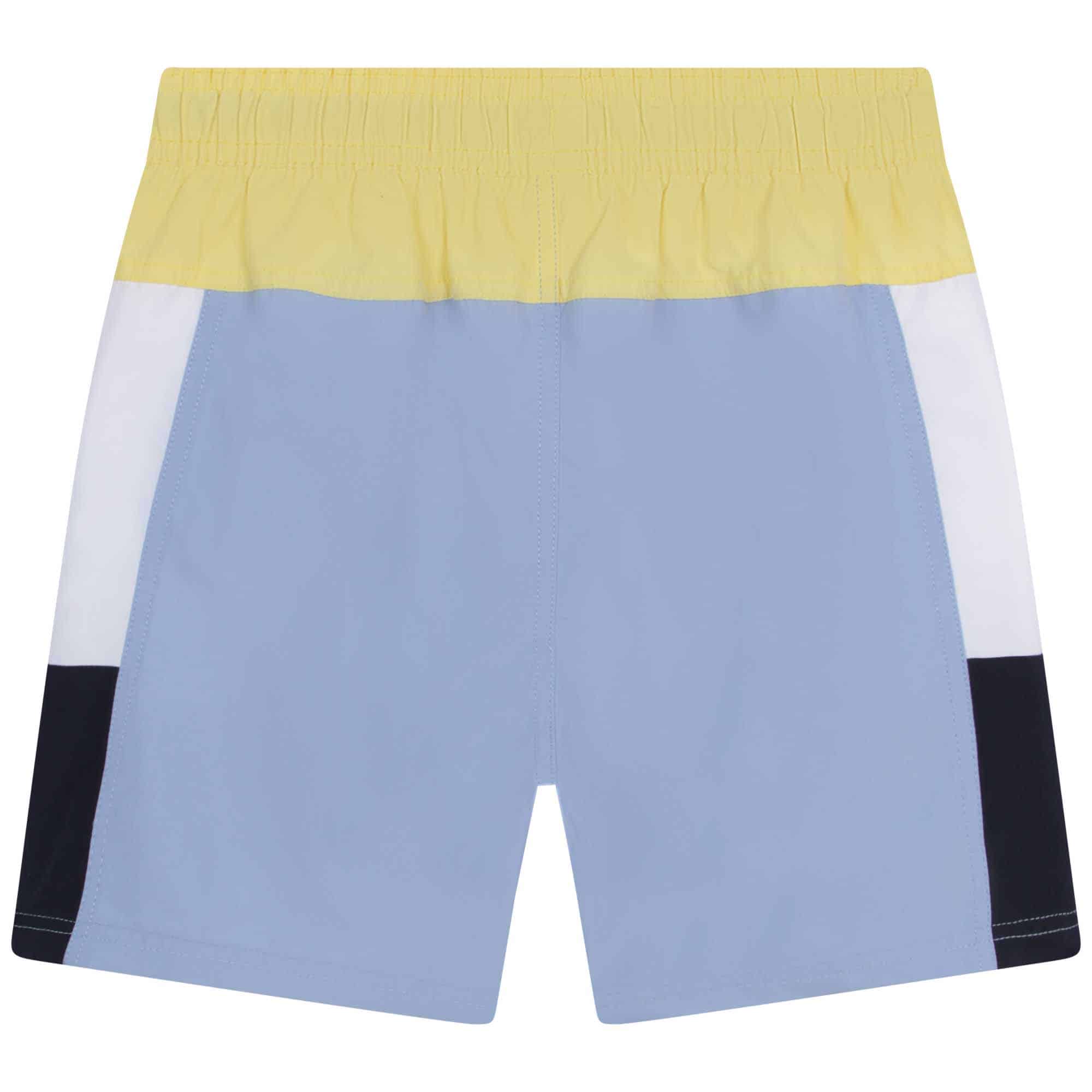 Boss boys shorts in blue, lemon, black and white back view