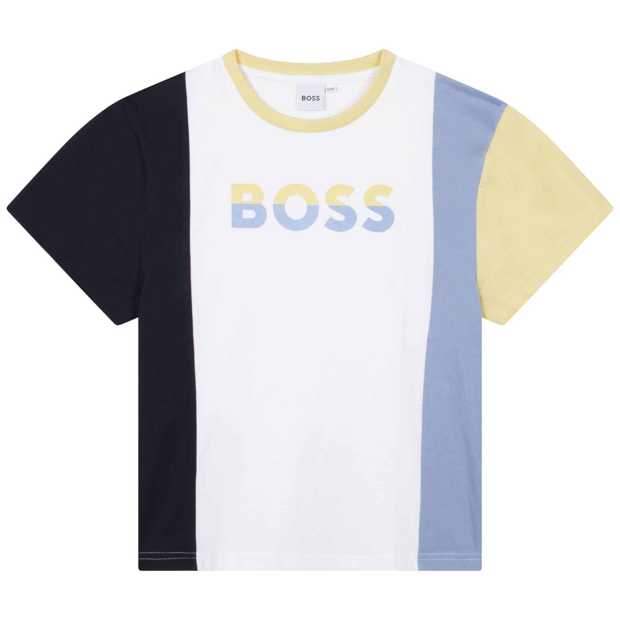 Boss boys tshirt in pale blue, lemon and black
