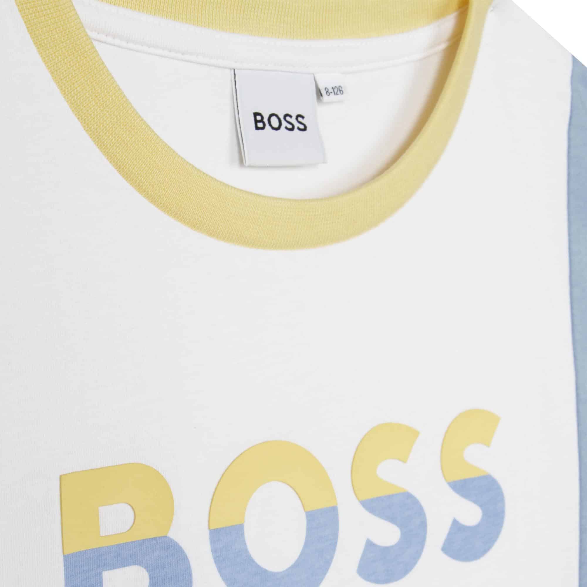 Boss boys tshirt in pale blue, lemon and black close up