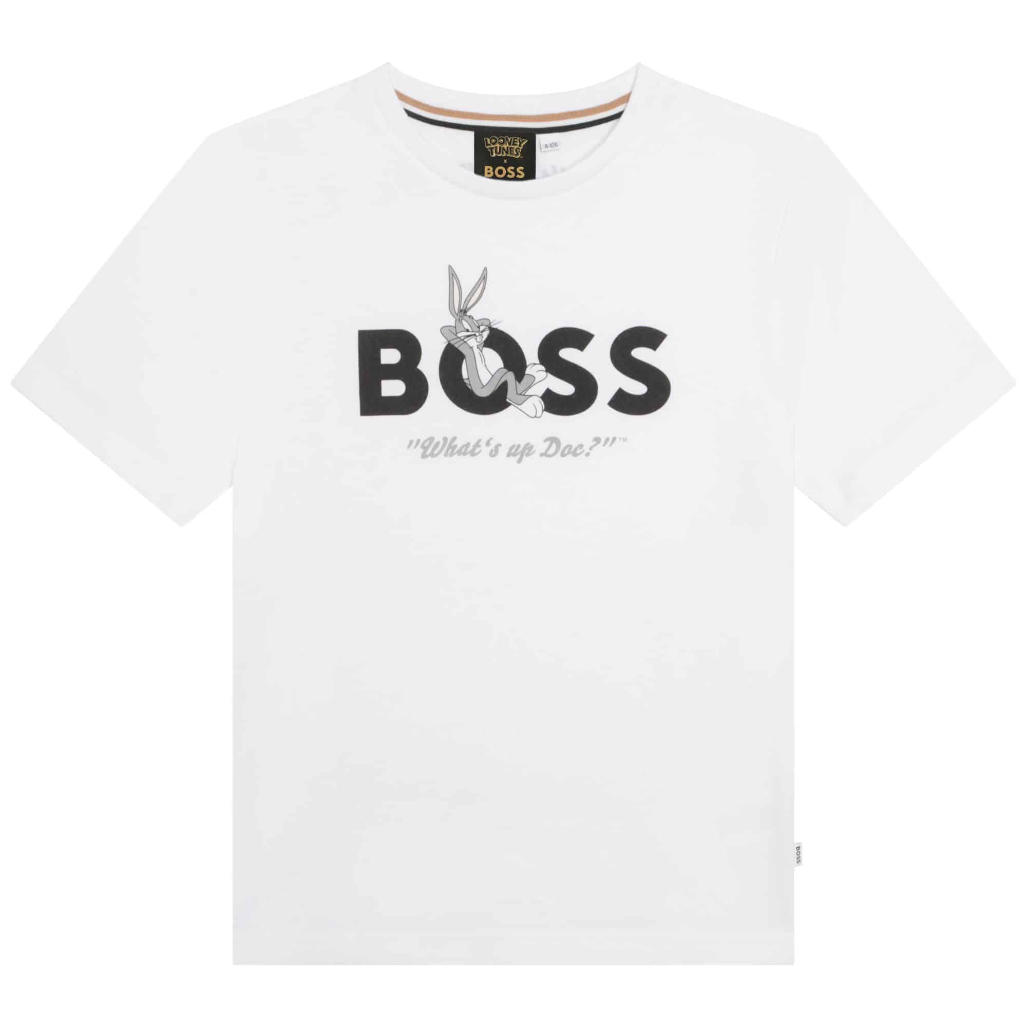 boys white BOSS tshirt with bugs bunny logo