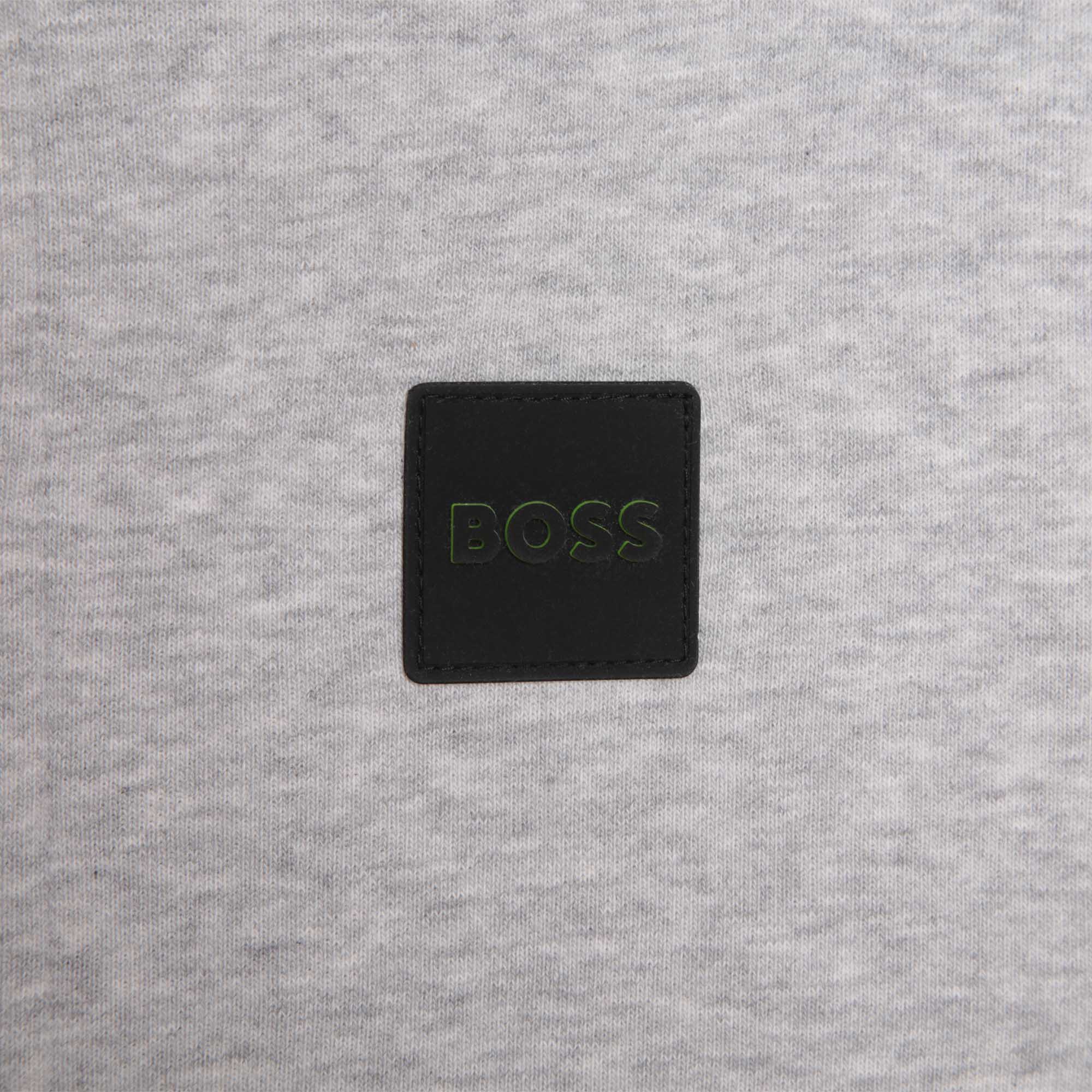 Boss boys pale grey hoodie with logo close up