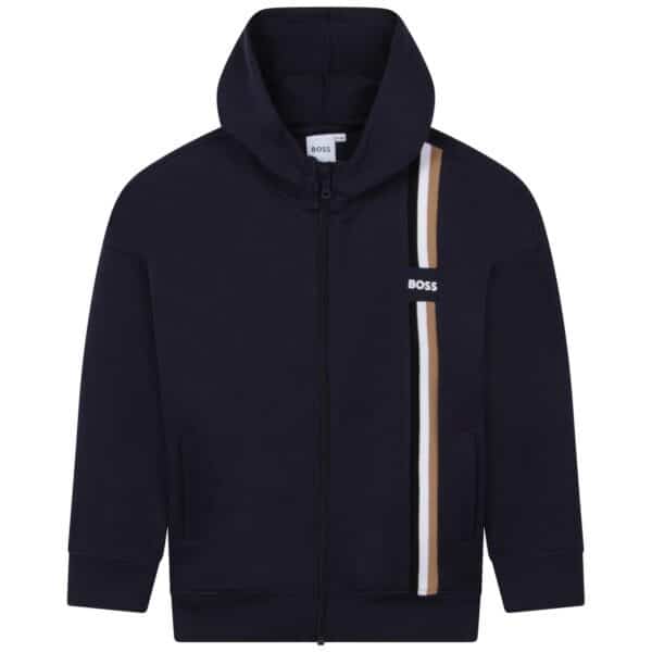 BOSS boys navy hoodie with vertical stripes