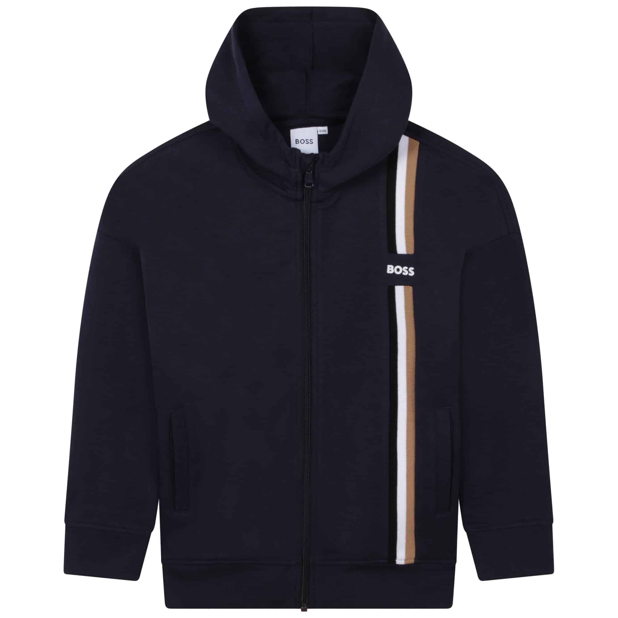 BOSS boys navy hoodie with vertical stripes