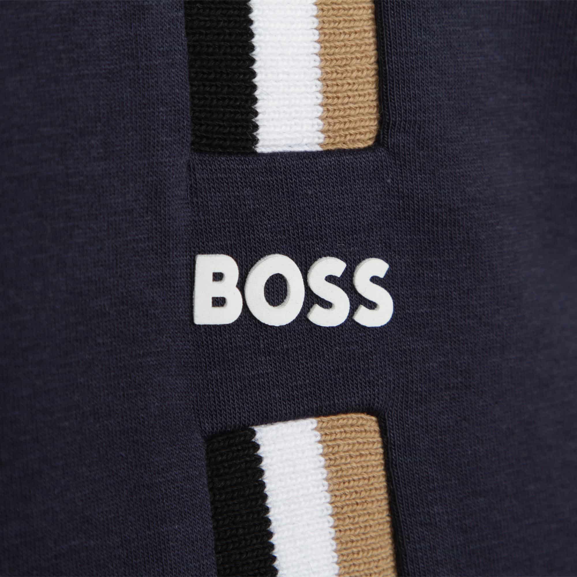 BOSS boys navy hoodie with vertical stripes close up