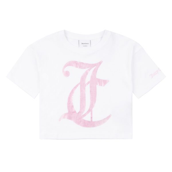 Juicy Couture pale pink logo close up on white tshirt front view