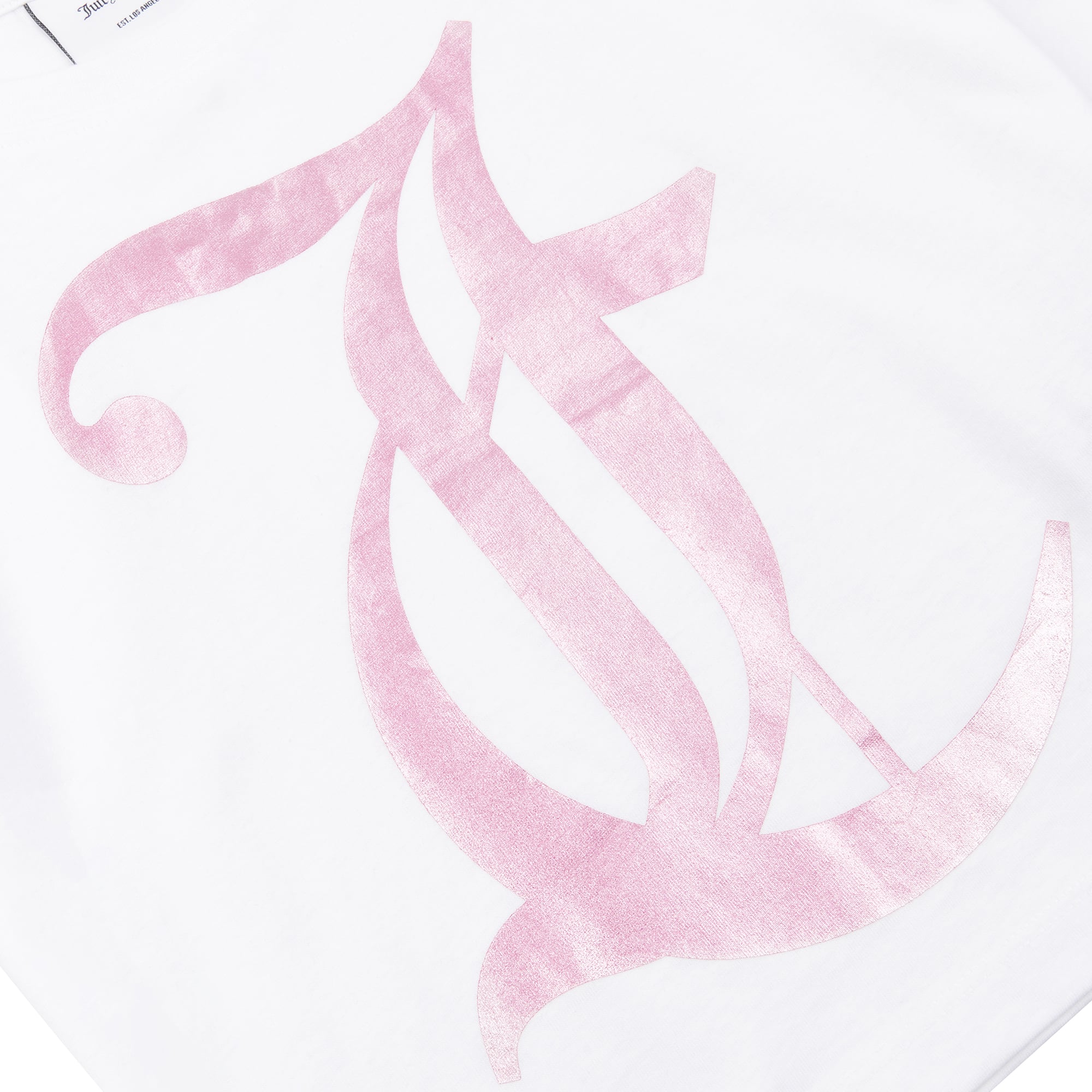 Juicy Couture pale pink logo close up on tshirt