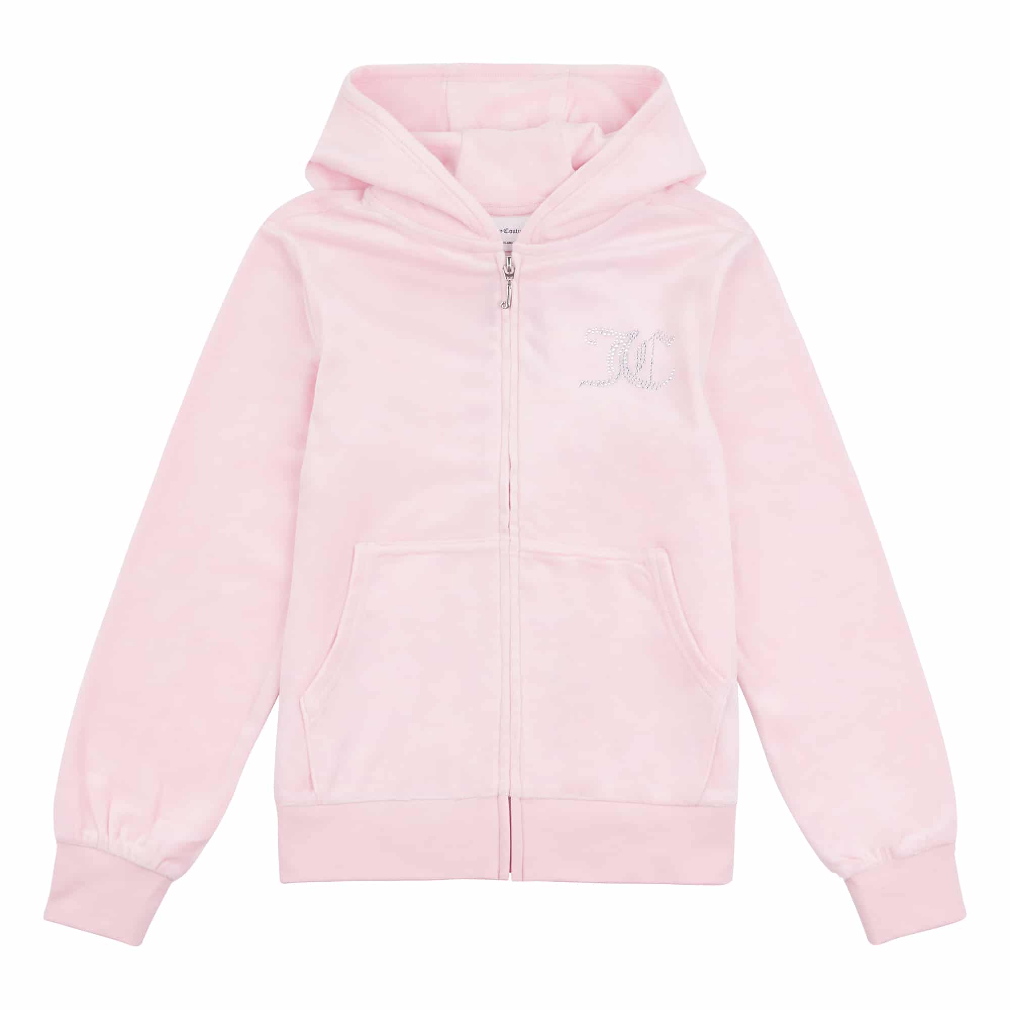 Juicy Couture girls pale pink velour tracksuit hooded top front view