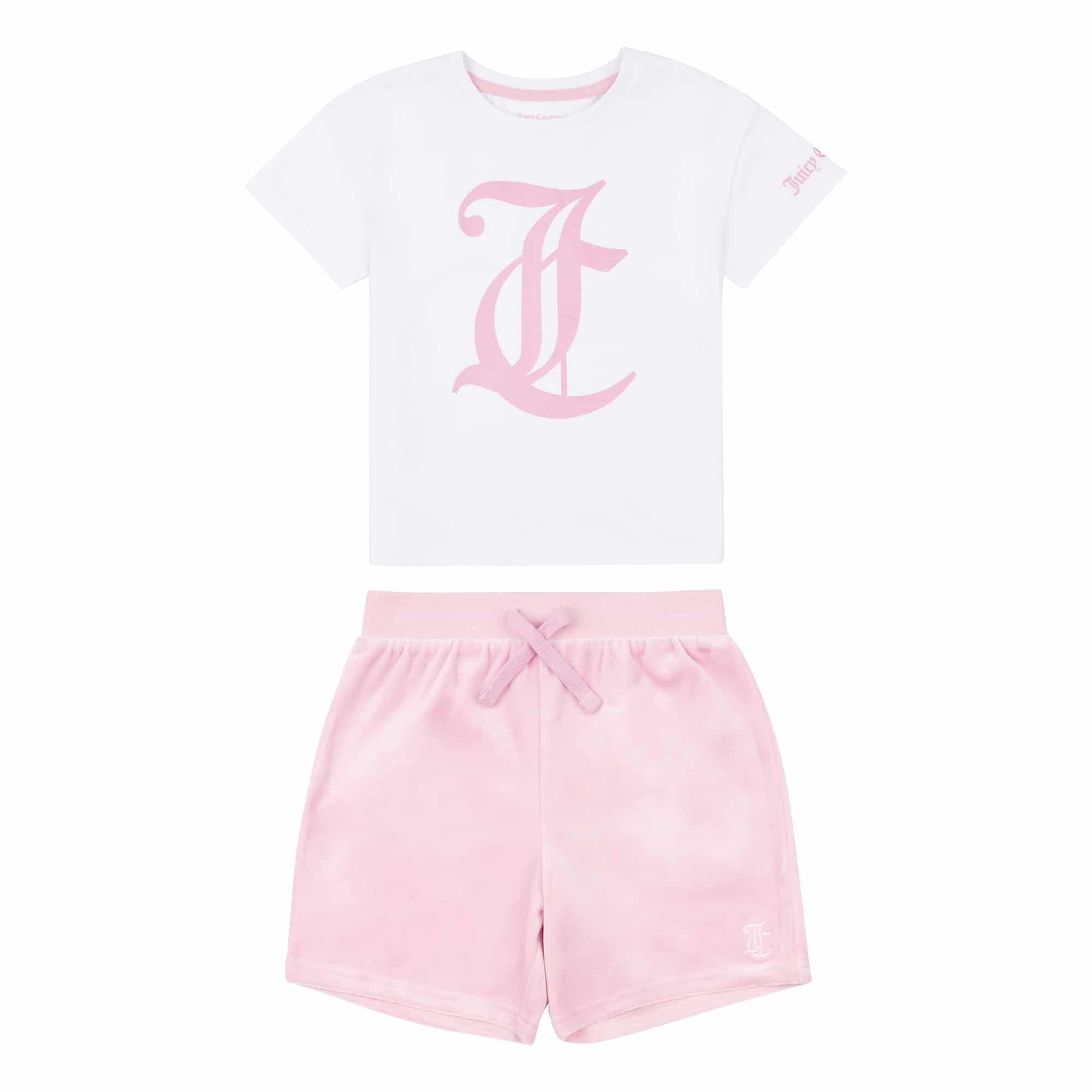 Juicy couture pink shorts and white tee front view
