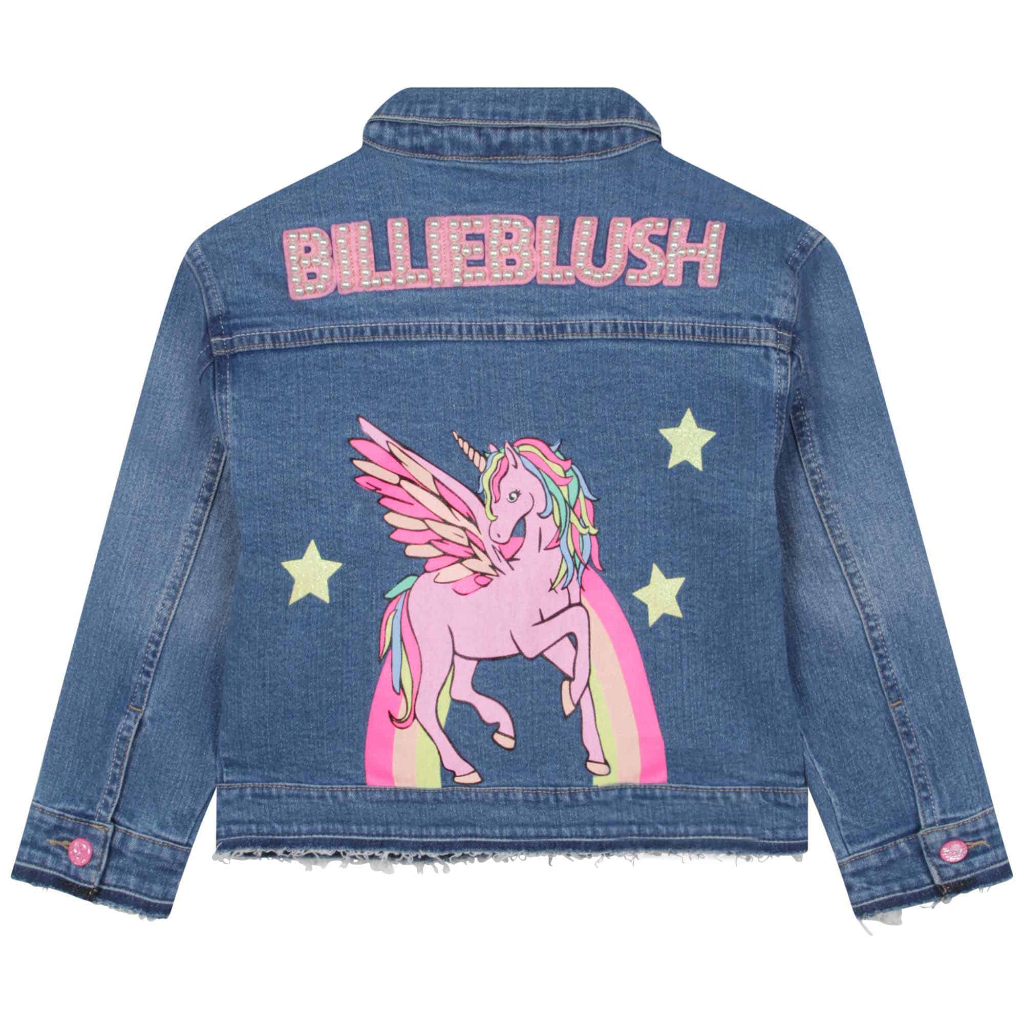 Billieblush model with unicorn denim jacket back view