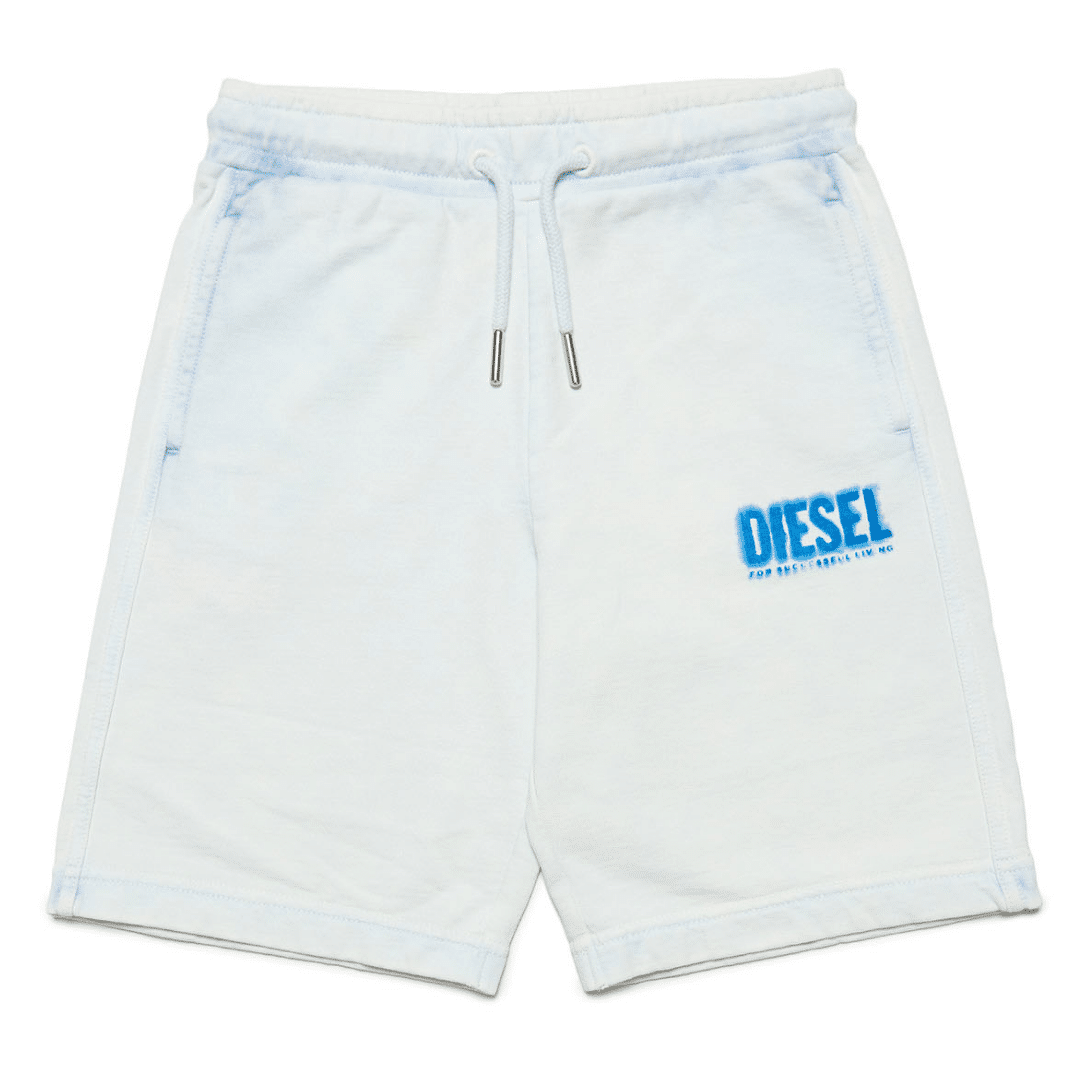 boys white shorts with small blue logo