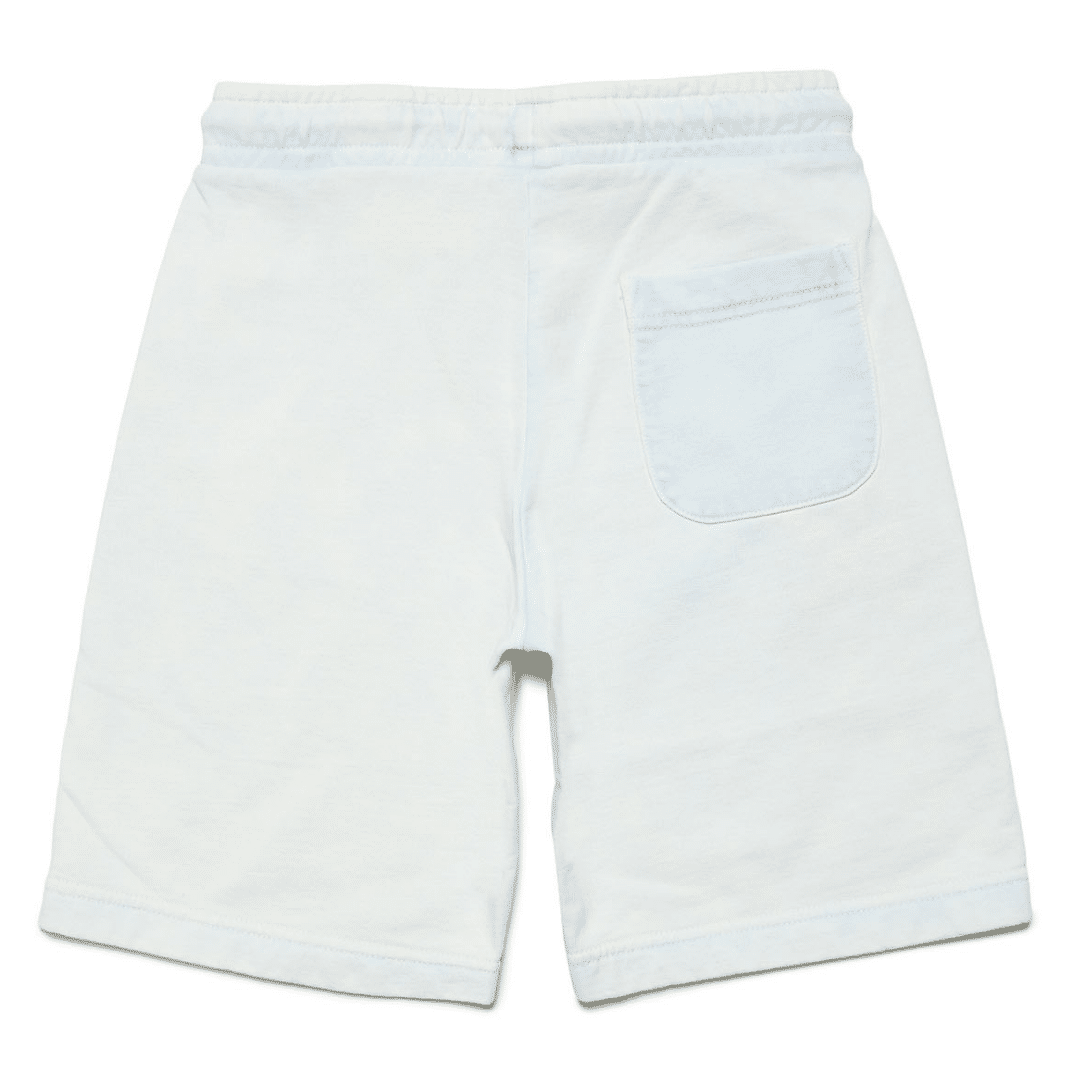 boys white shorts with small blue logo back view