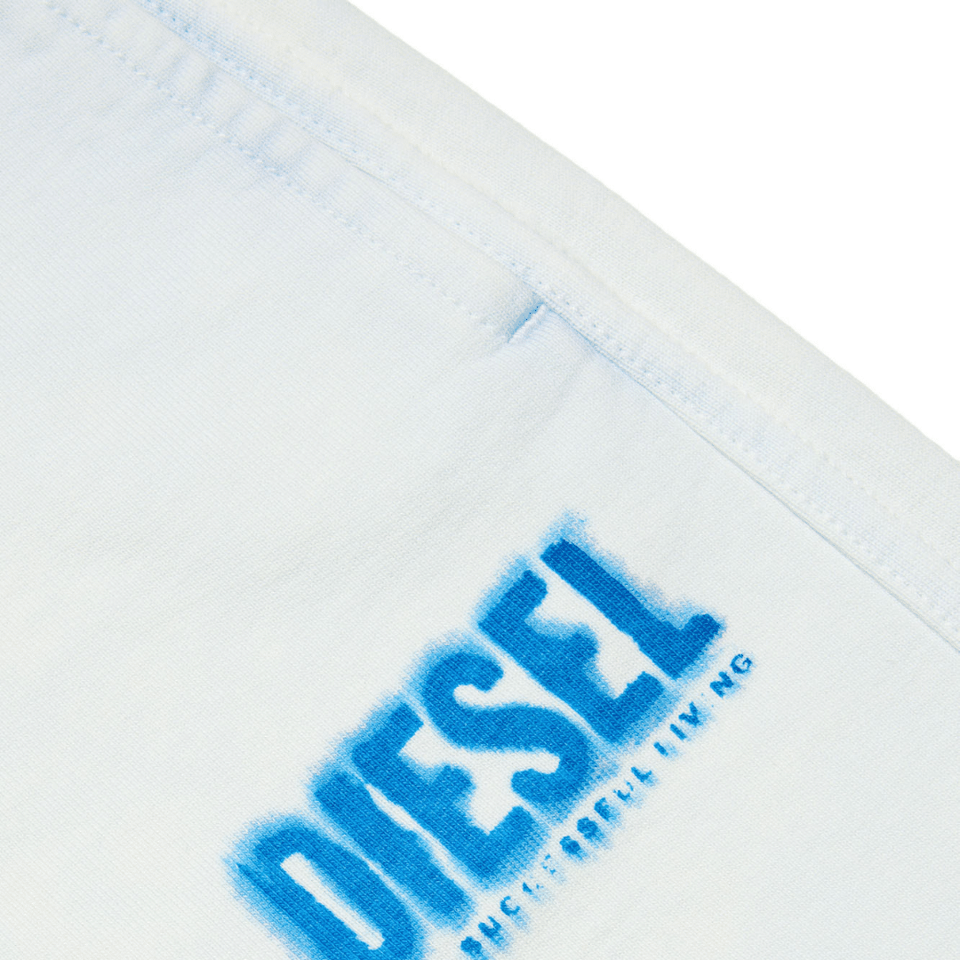 boys white shorts with small blue logo close up
