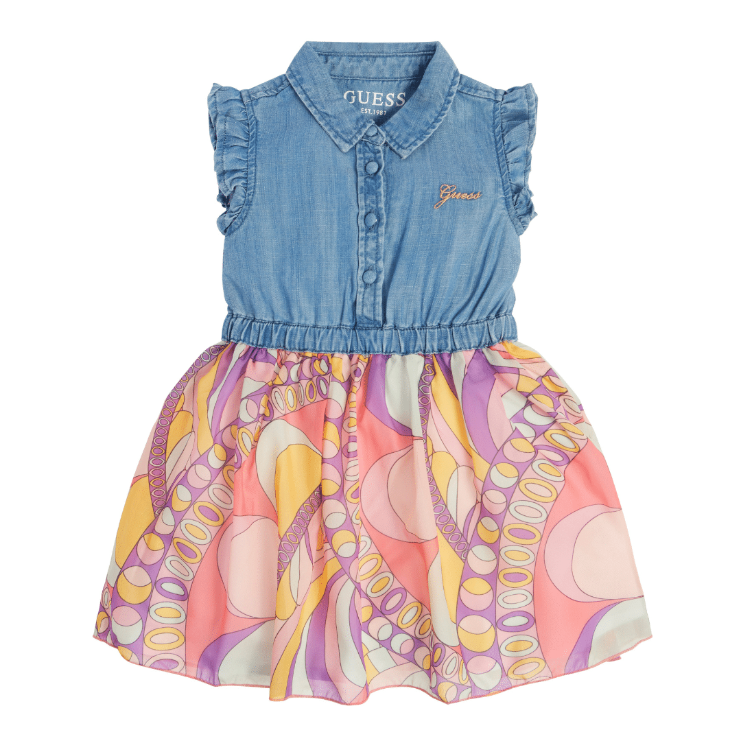 Guess girls dress with denim and pink 70s style pattern