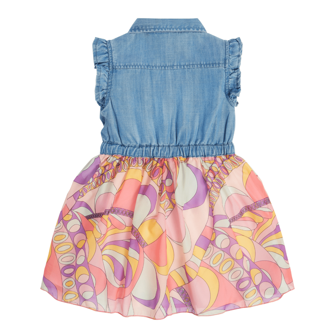 Guess girls dress with denim and pink 70s style pattern back view