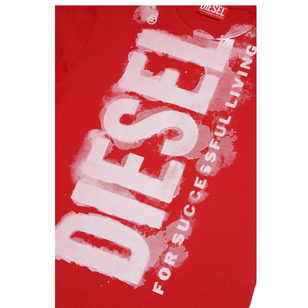 Diesel boys red tshirt with large white logo close up
