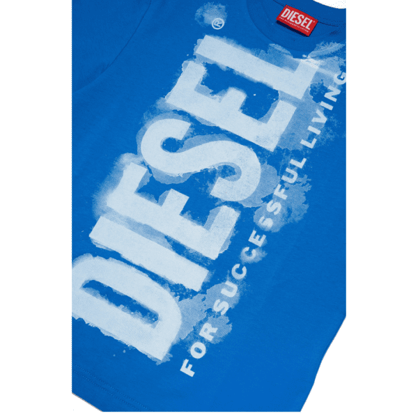 Diesel boys blue tshirt with large white logo close up