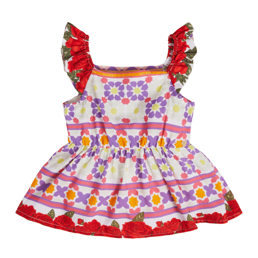Guess multi coloured patterned dress for young girls back view