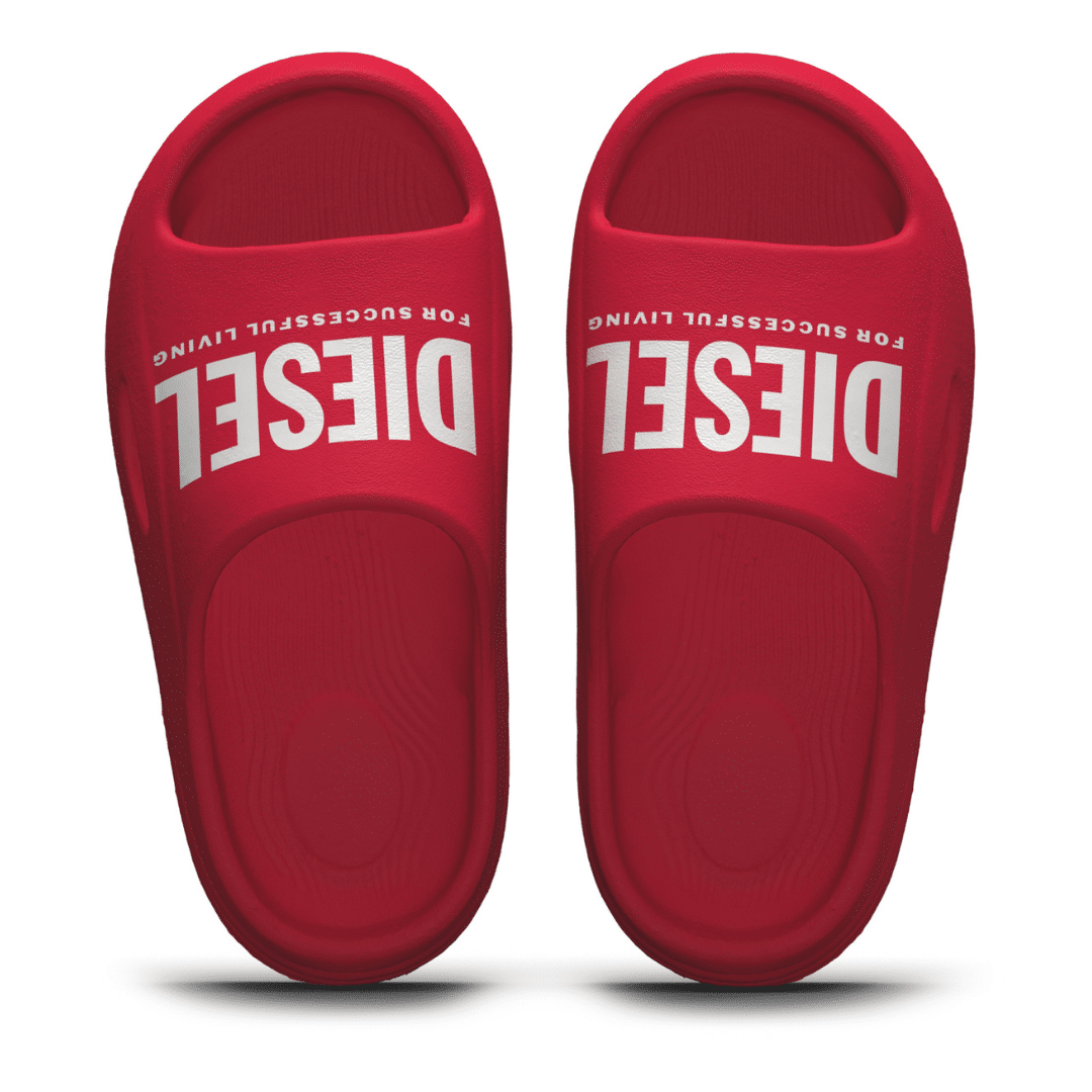 Diesel boys red sliders with white logo stood up