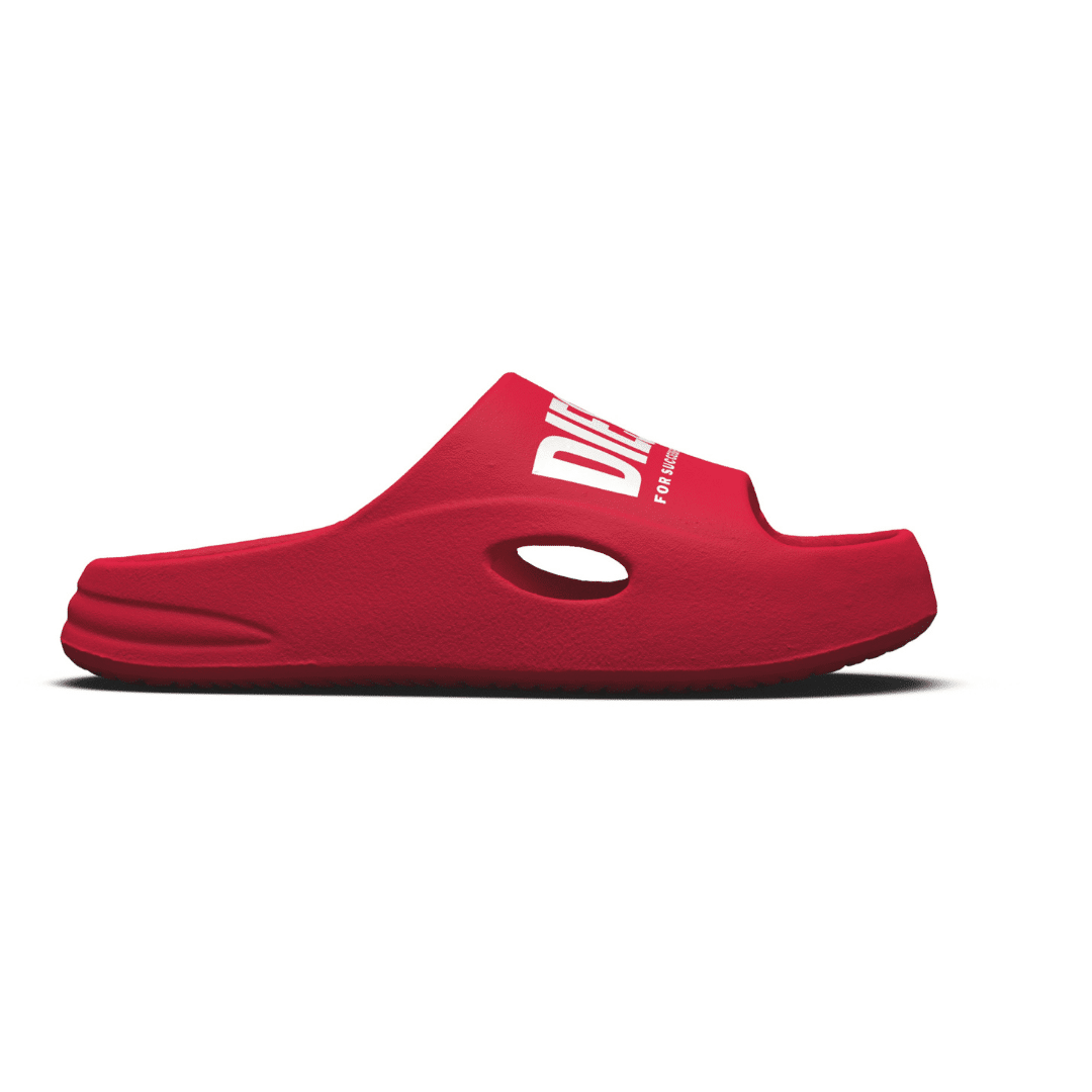 Diesel boys red sliders with white logo side view