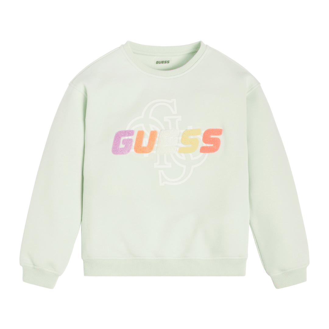 Guess pale green girls sweater with multi coloured logo