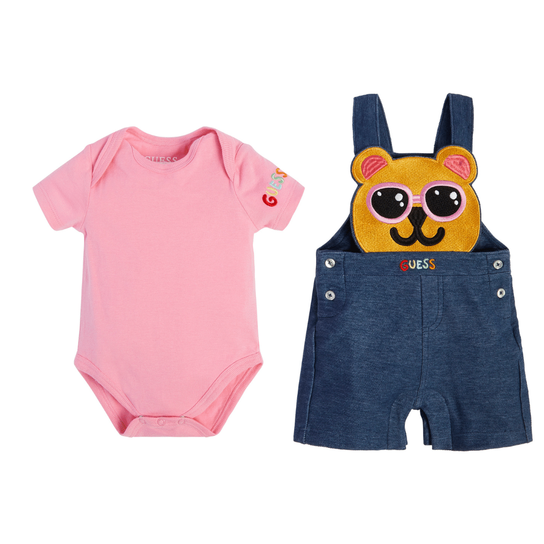 Guess baby teddy dungarees and vest set