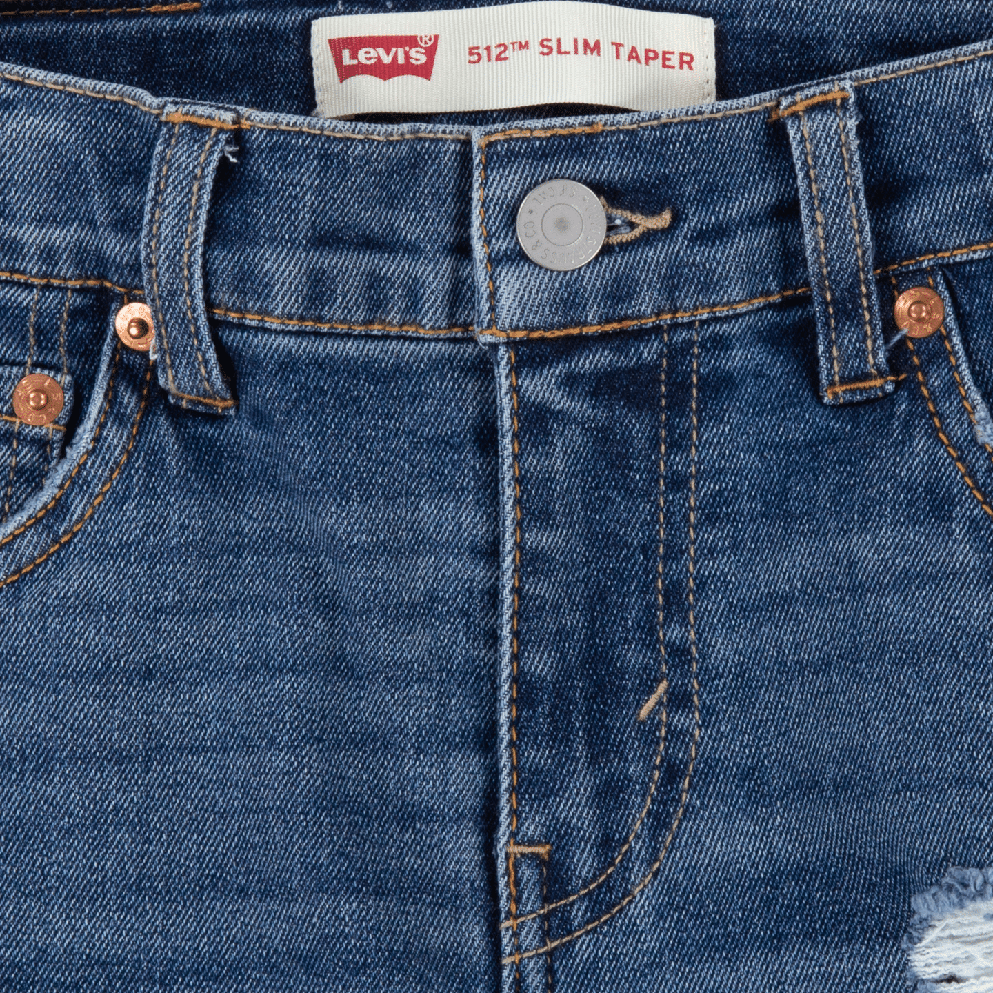 Levi's boys distressed jeans fly close up