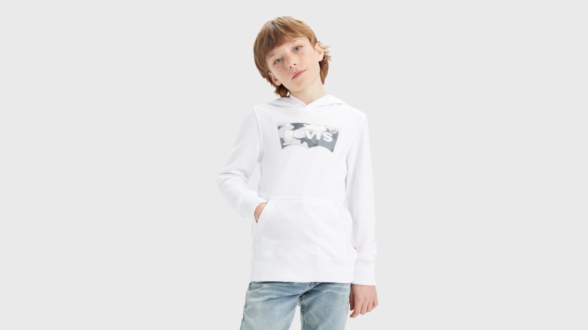 Levi's kids white hoodie on model front view