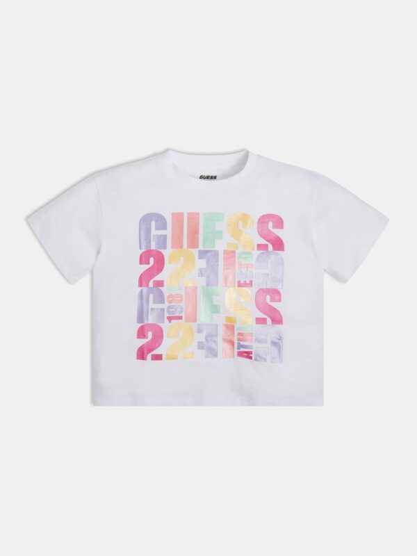 Guess white belly top with multi coloured motif