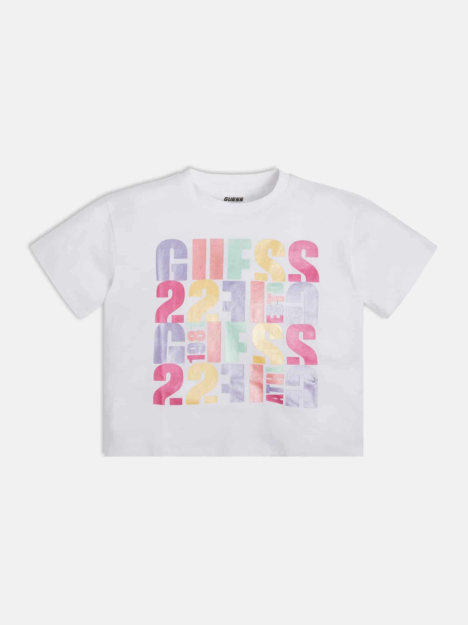 Guess white belly top with multi coloured motif