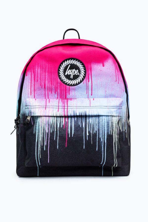 Hype pink and black paint drip backpack front view