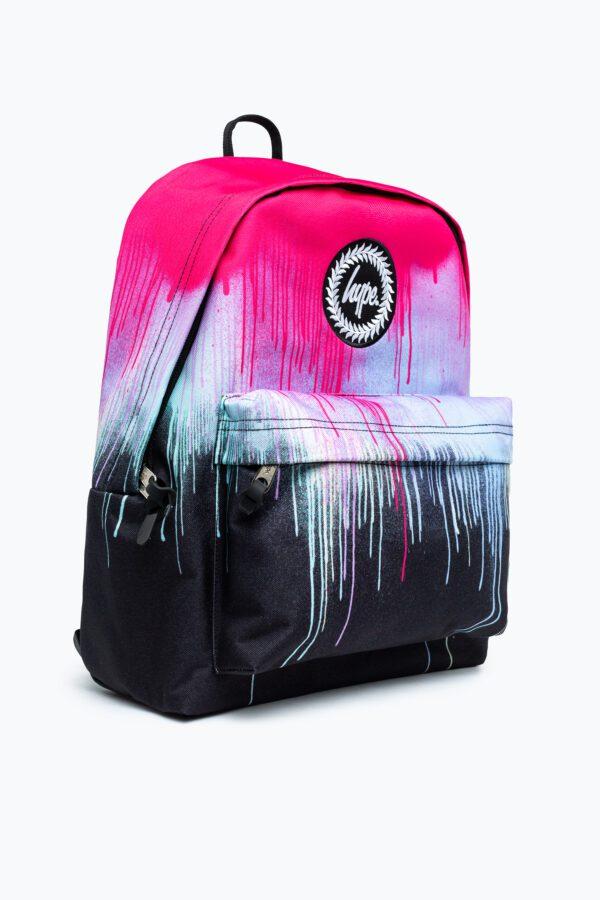 Hype pink and black paint drip backpack side view