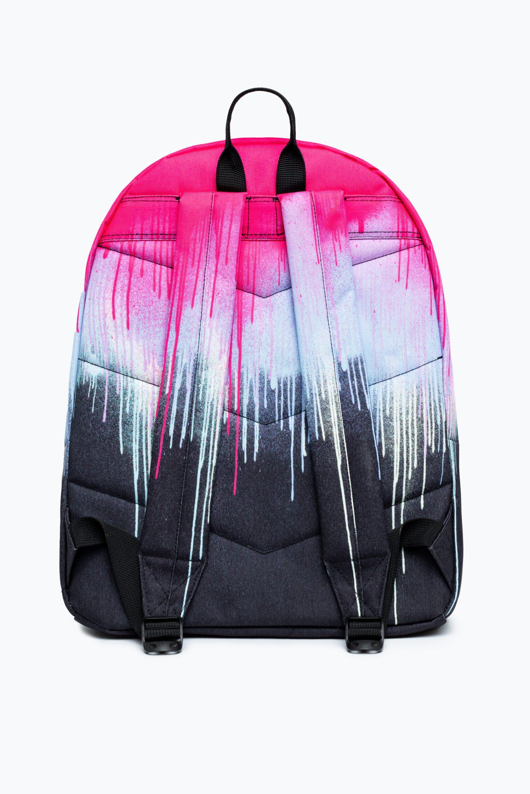 Hype pink and black paint drip backpack back view