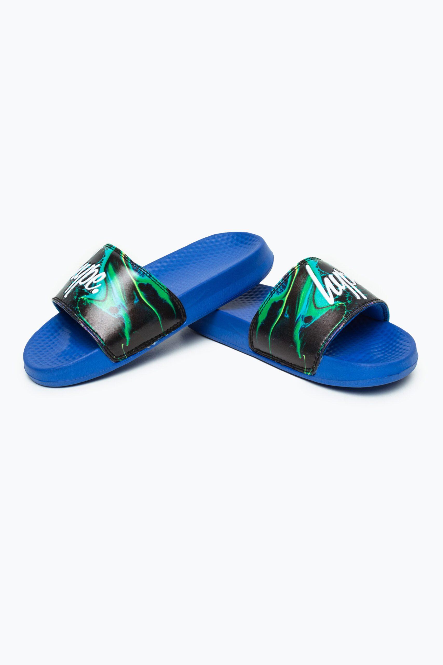 Hype multi coloured blue marble sliders laid one on top