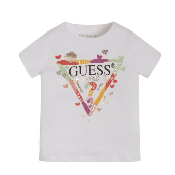 Guess white tshirt with multi coloured motif and logo