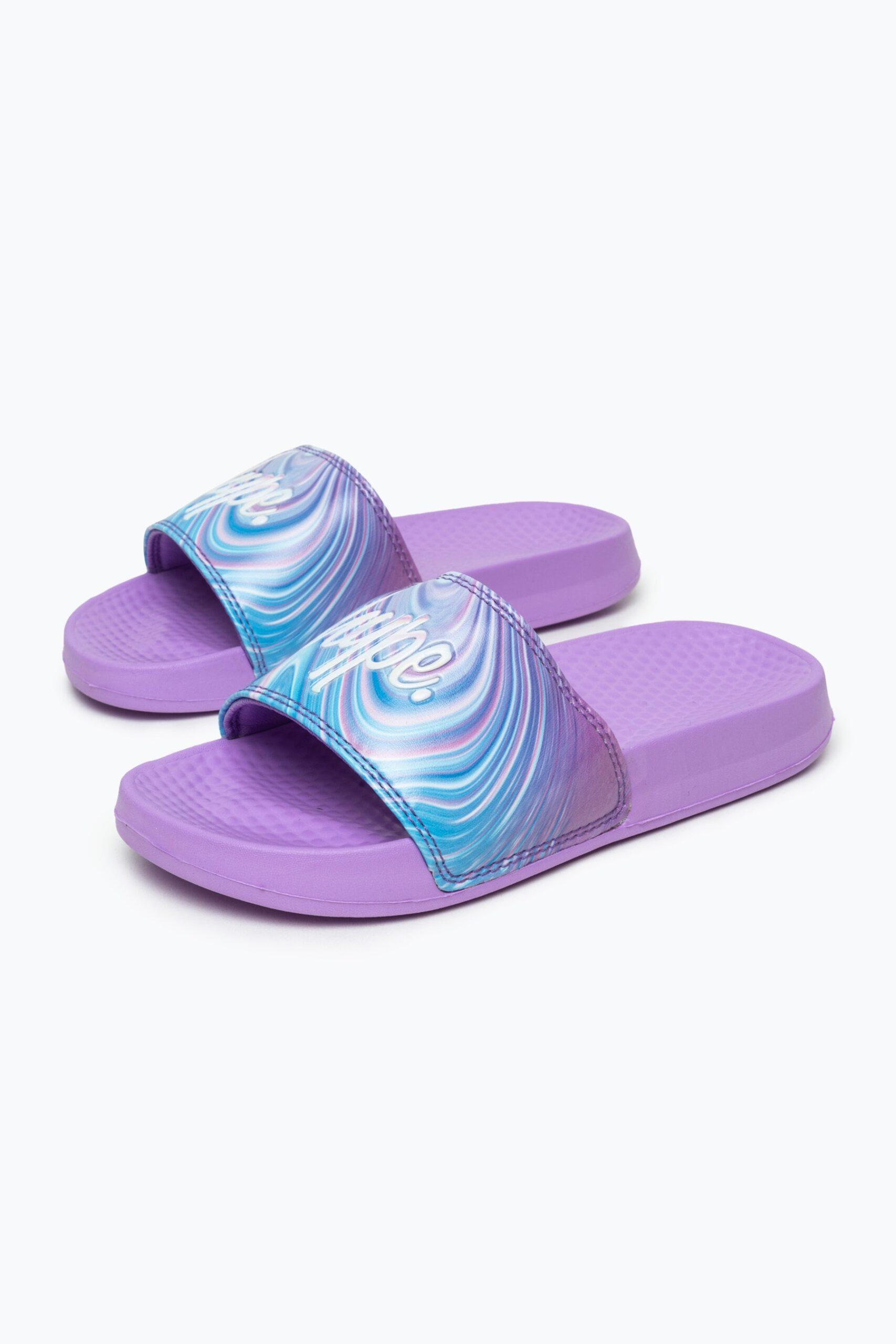 Hype pink and teal drip sliders side view