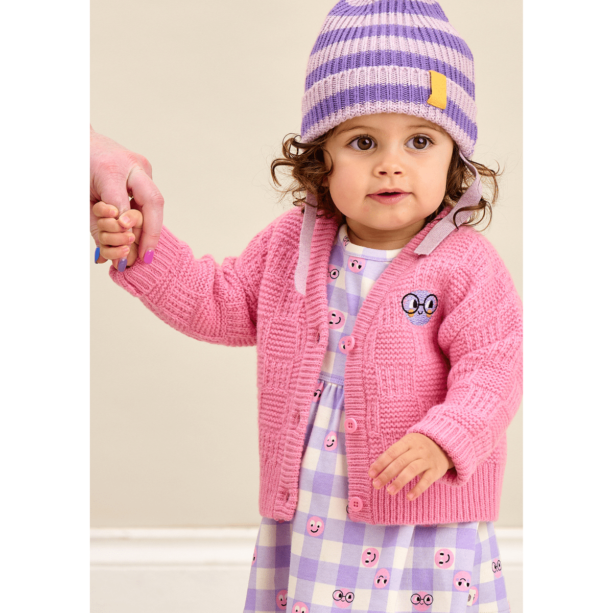 bonnie mob girls lilac tiddlywink dress on toddler with pink cardigan