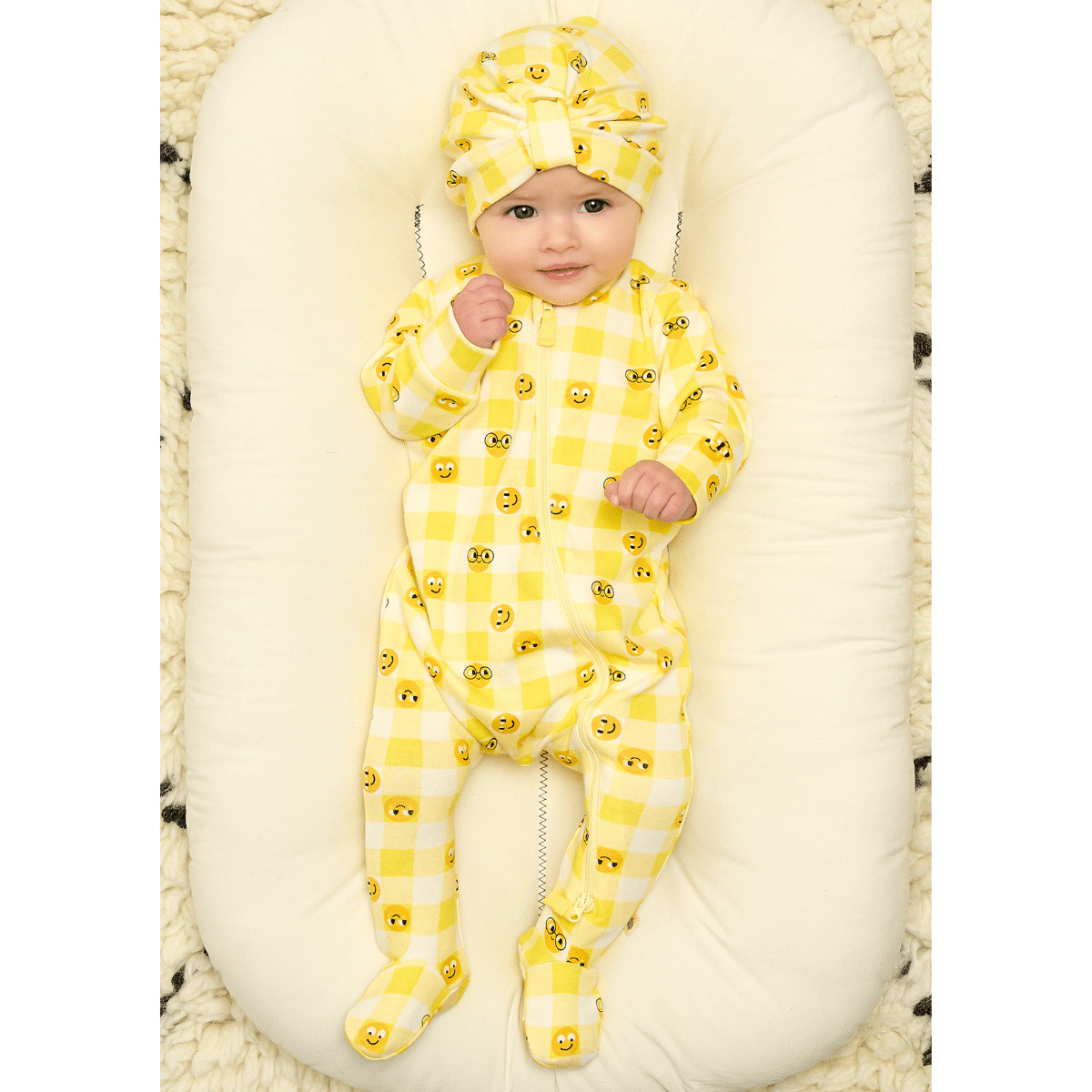bonnie mob baby yellow tiddlywink sleep suit on model