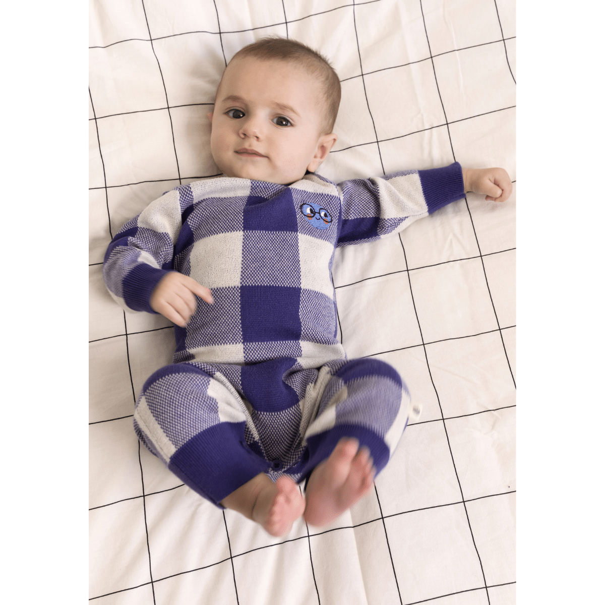 bonnie mob boys blue checked baby playsuit on model