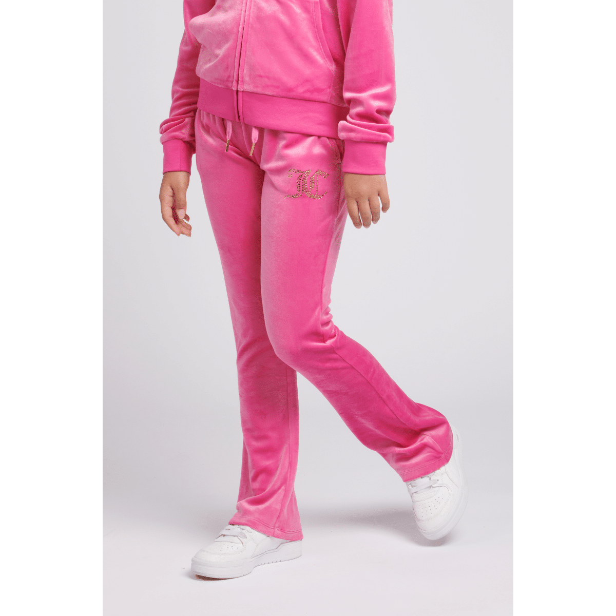 juicy couture girls pink velour bootcut trousers on model