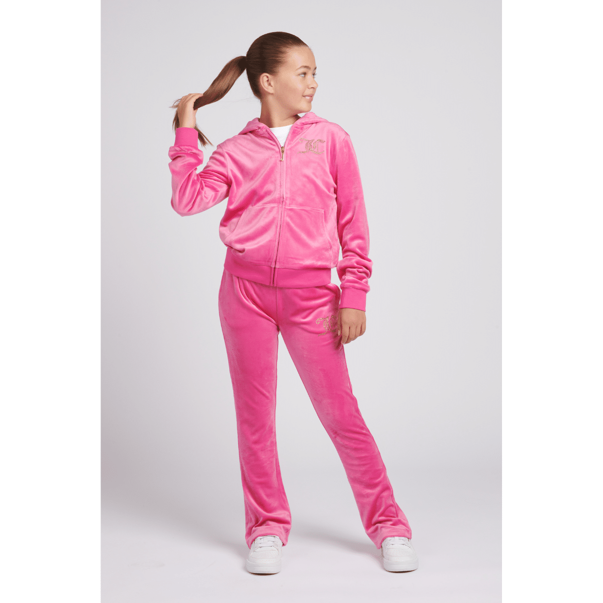 juicy couture girls pink velour tracksuit on model