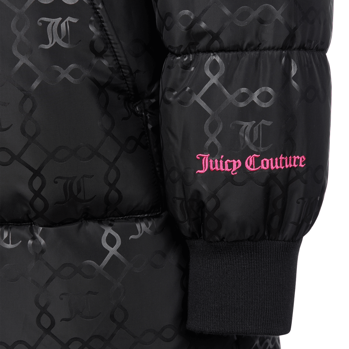 juicy couture girls black puffer close up of logo