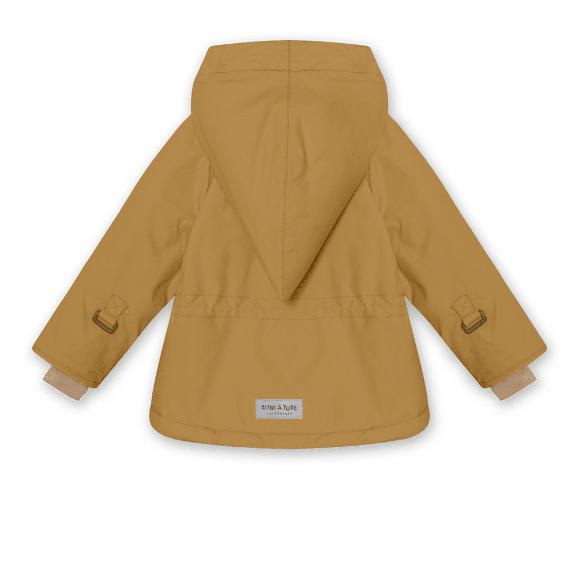 mini a ture mustard kids winter coat side zip back view on white background