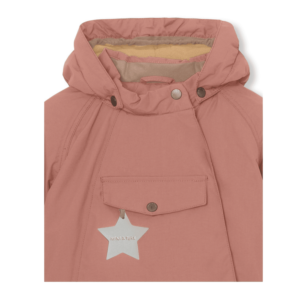 mini a ture pink kids winter coat side zip close up of star