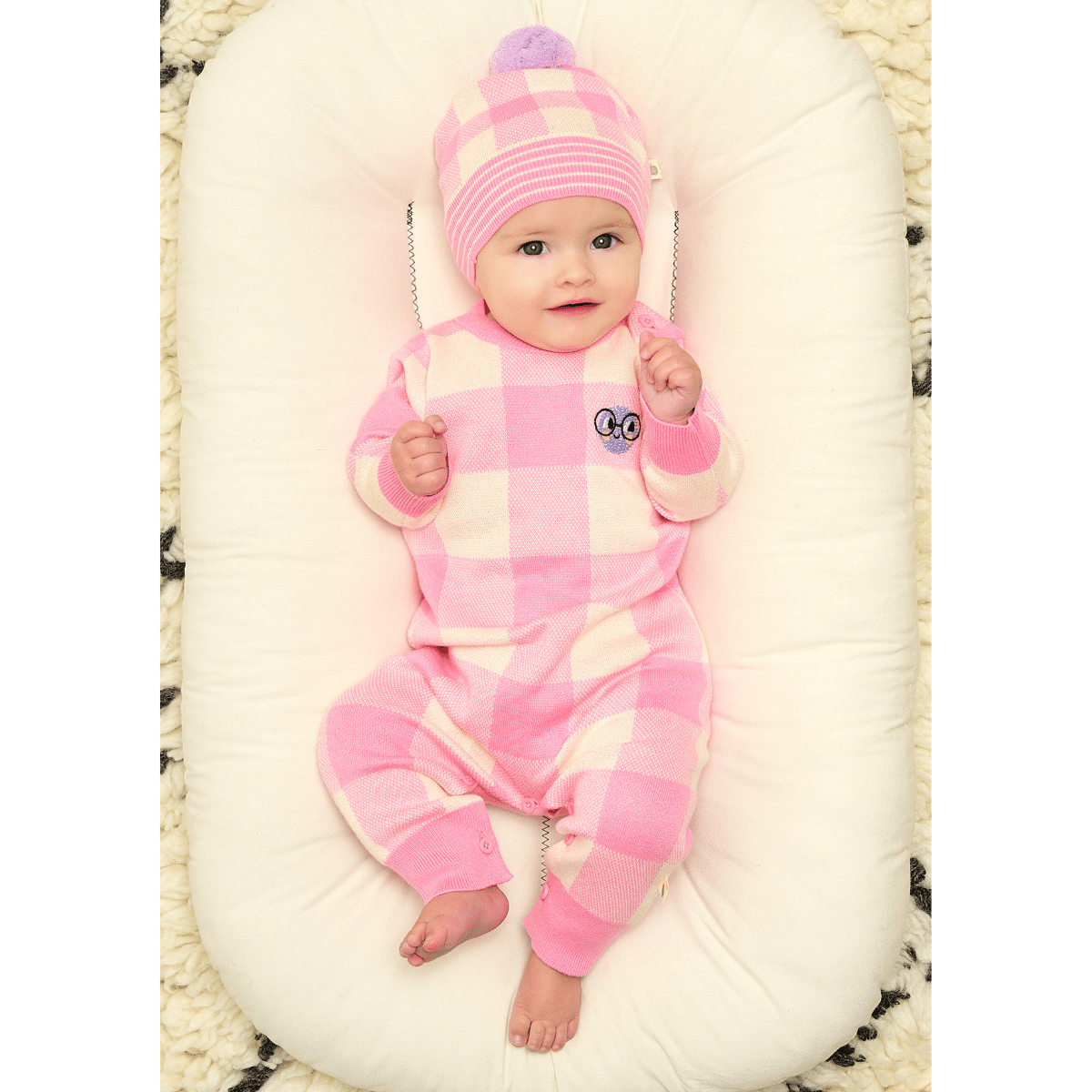 bonnie mob pink check playsuit on baby model