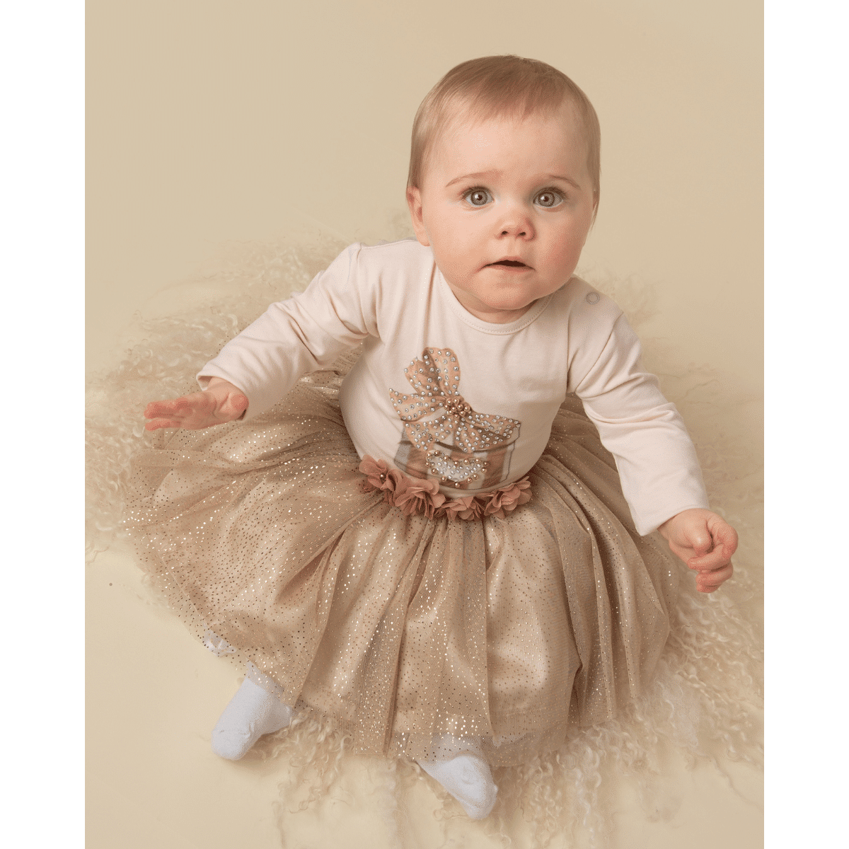 Caramelo fairy tulle skirt in mink on baby model