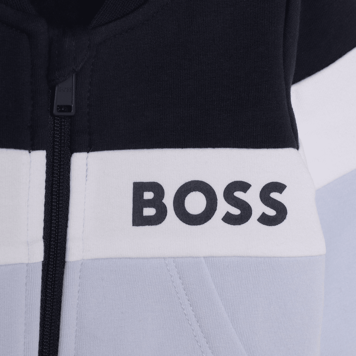 boss colour block baby tracksuit close up of logo