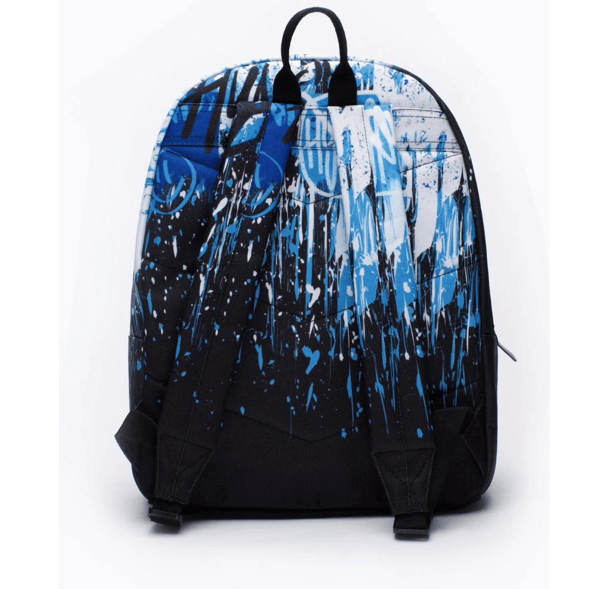 hype rucksack with blue and white graffiti design back view