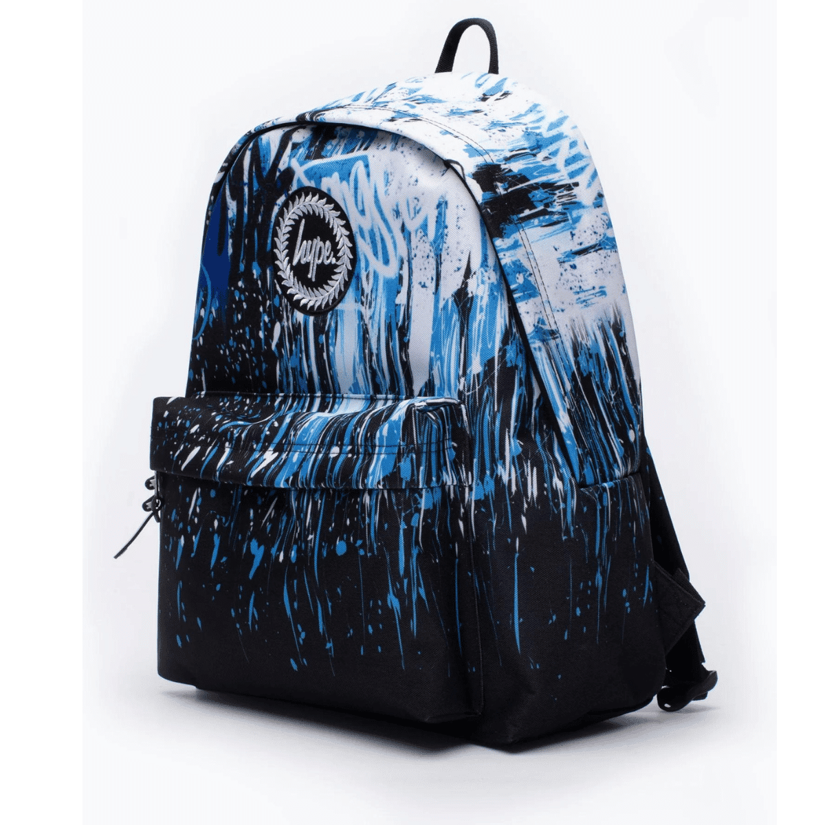 hype rucksack with blue and white graffiti design