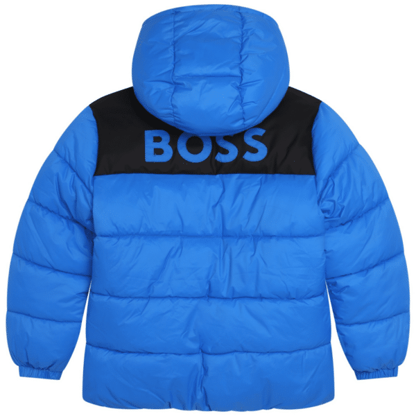 boss boys blue coat back view with logo