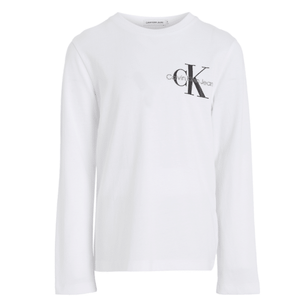 calvin klein childrens white long sleeved top with black logo on white background